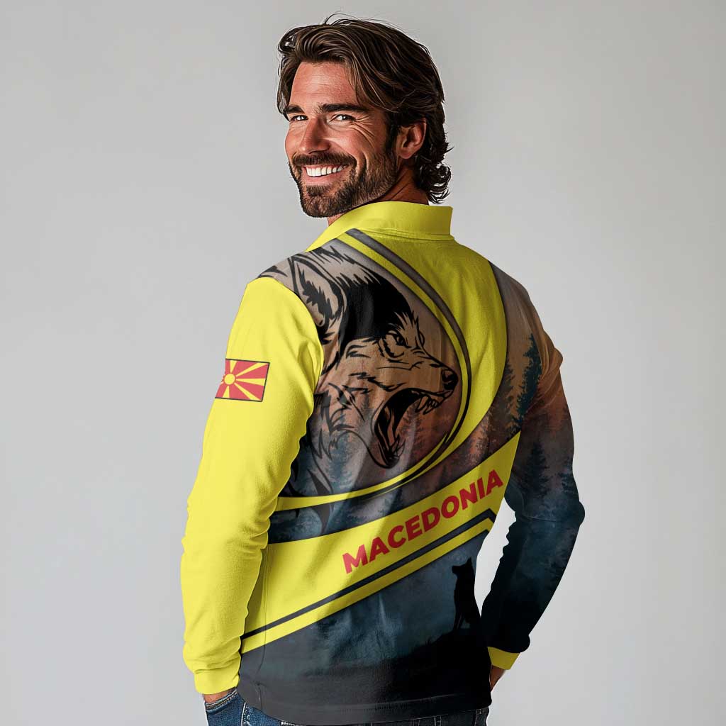 Macedonia Long Sleeve Polo Shirt with Forest Wolf and Sunset Silhouette Design - Wonder Print Shop