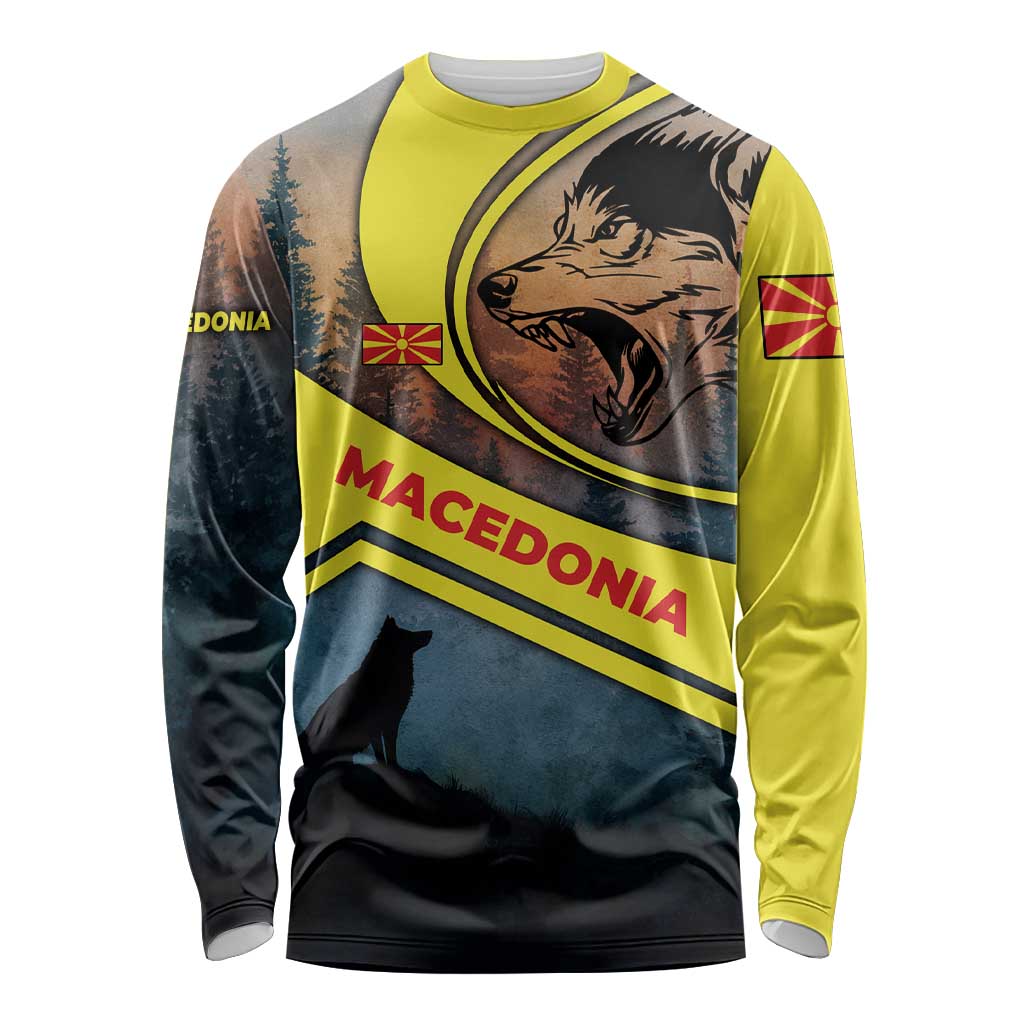 Macedonia Long Sleeve Shirt with Forest Wolf and Sunset Silhouette Design - Wonder Print Shop
