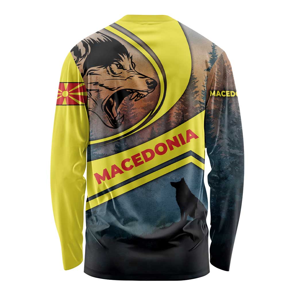 Macedonia Long Sleeve Shirt with Forest Wolf and Sunset Silhouette Design - Wonder Print Shop
