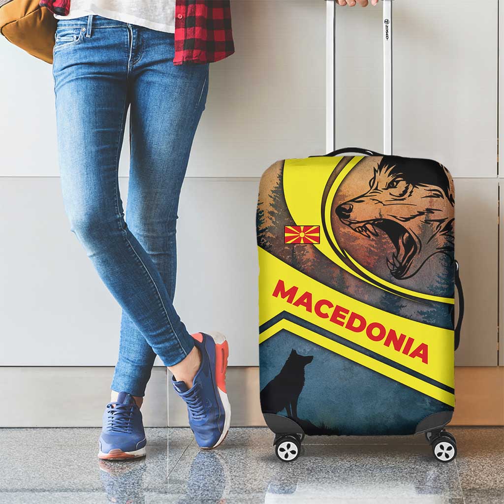 Macedonia Luggage Cover with Forest Wolf and Sunset Silhouette Design - Wonder Print Shop