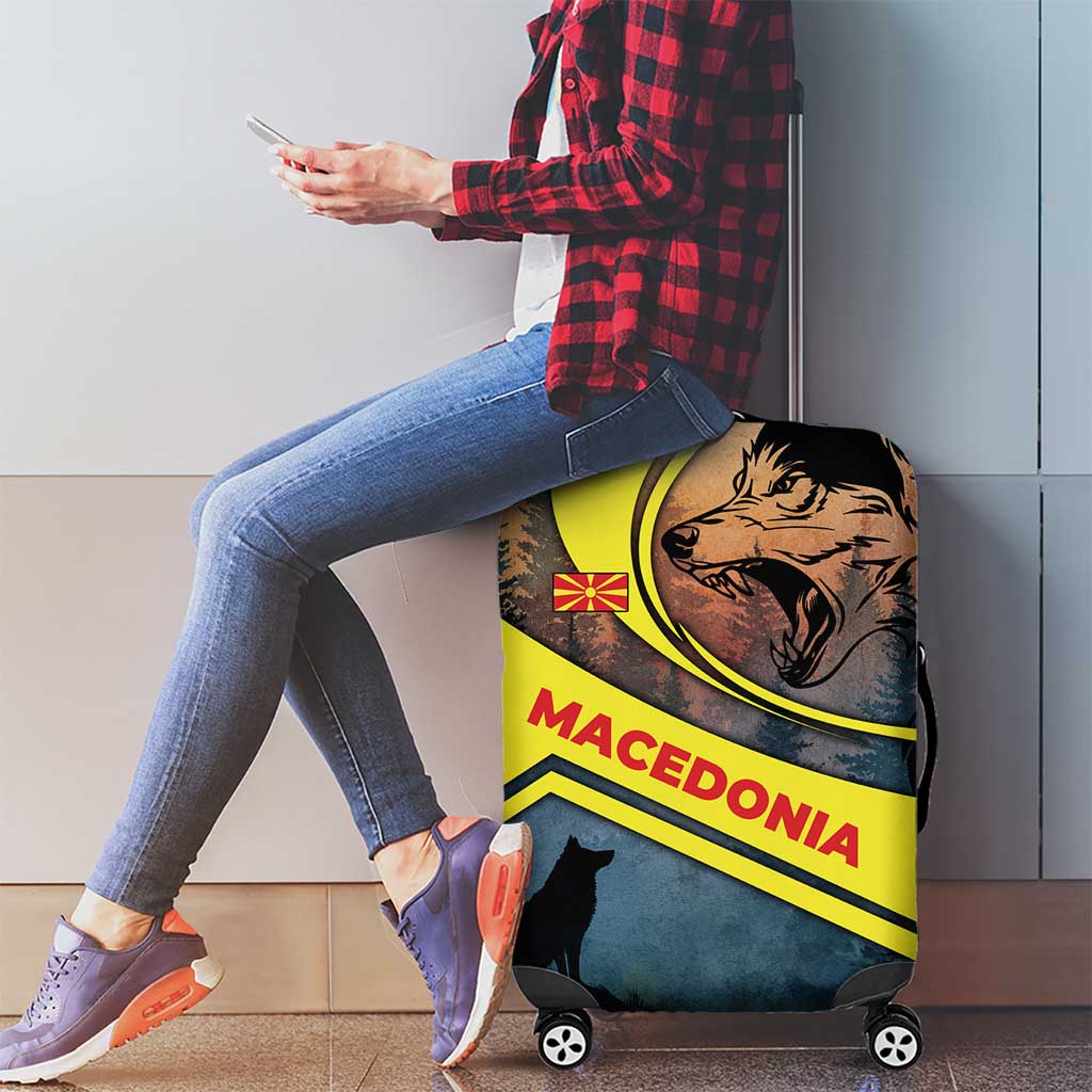 Macedonia Luggage Cover with Forest Wolf and Sunset Silhouette Design - Wonder Print Shop