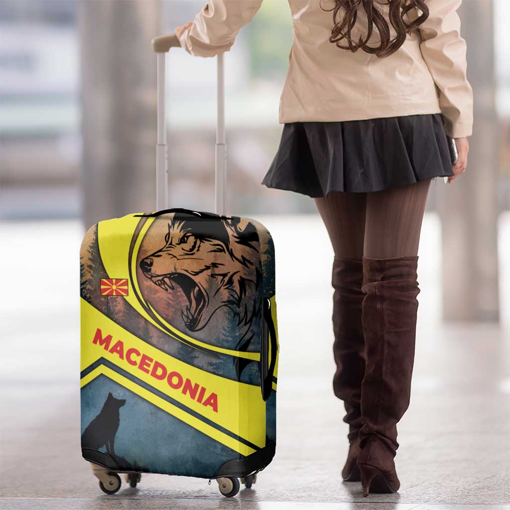 Macedonia Luggage Cover with Forest Wolf and Sunset Silhouette Design - Wonder Print Shop