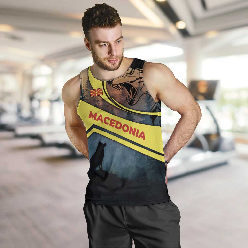 Macedonia Men Tank Top with Forest Wolf and Sunset Silhouette Design - Wonder Print Shop