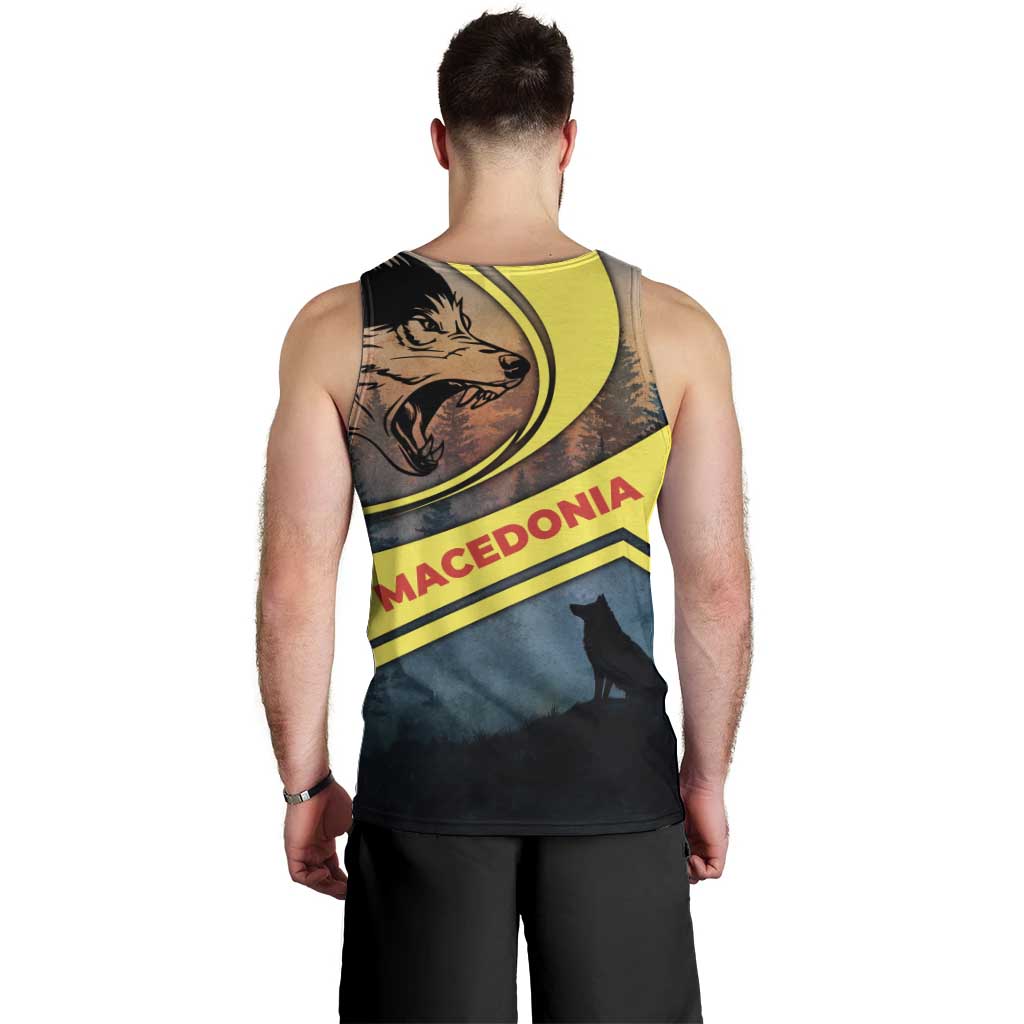 Macedonia Men Tank Top with Forest Wolf and Sunset Silhouette Design - Wonder Print Shop