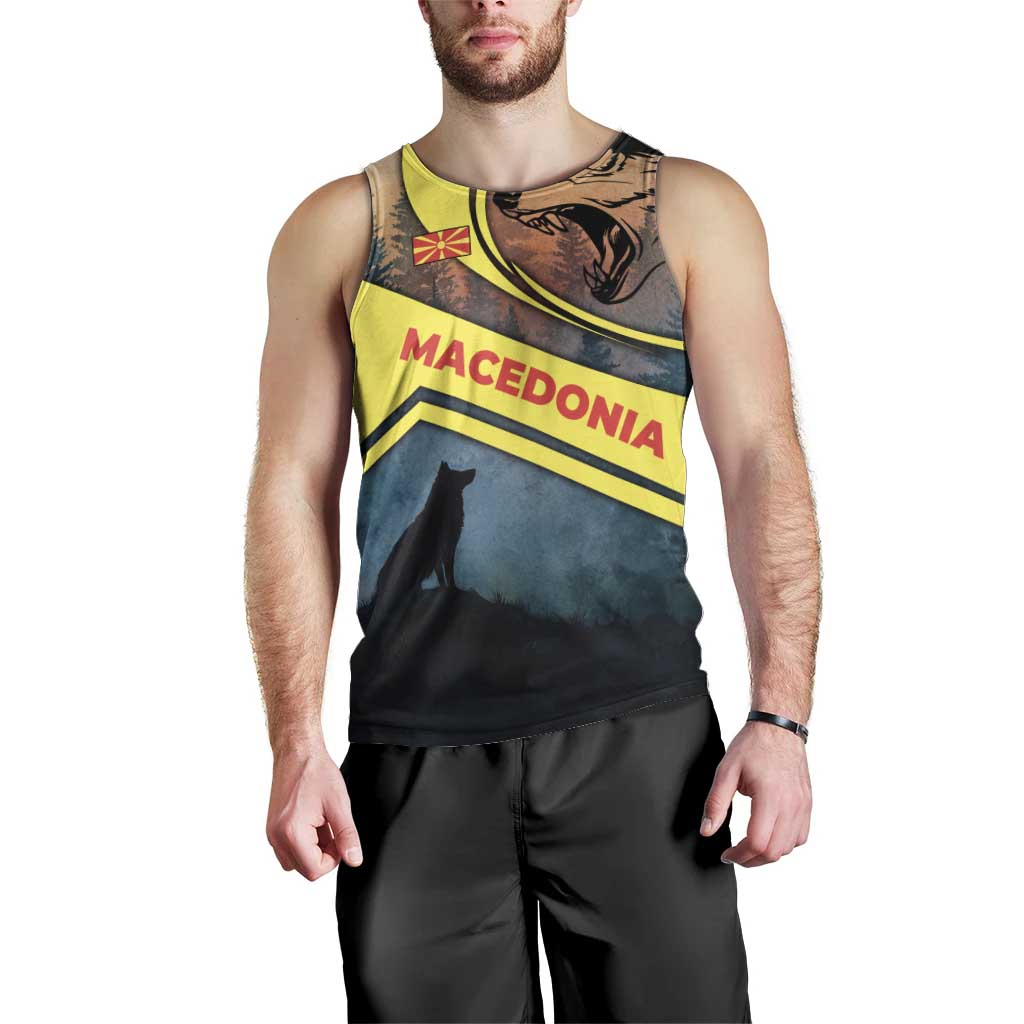 Macedonia Men Tank Top with Forest Wolf and Sunset Silhouette Design - Wonder Print Shop