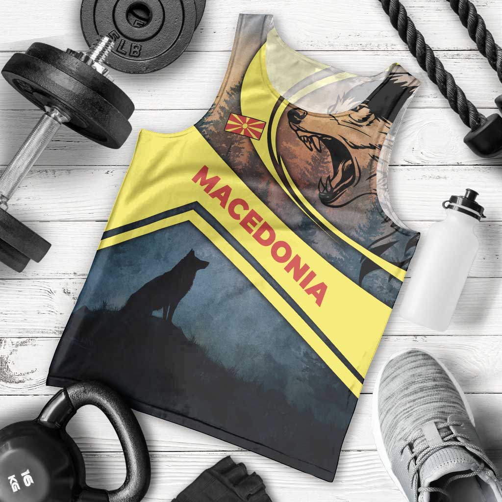 Macedonia Men Tank Top with Forest Wolf and Sunset Silhouette Design - Wonder Print Shop