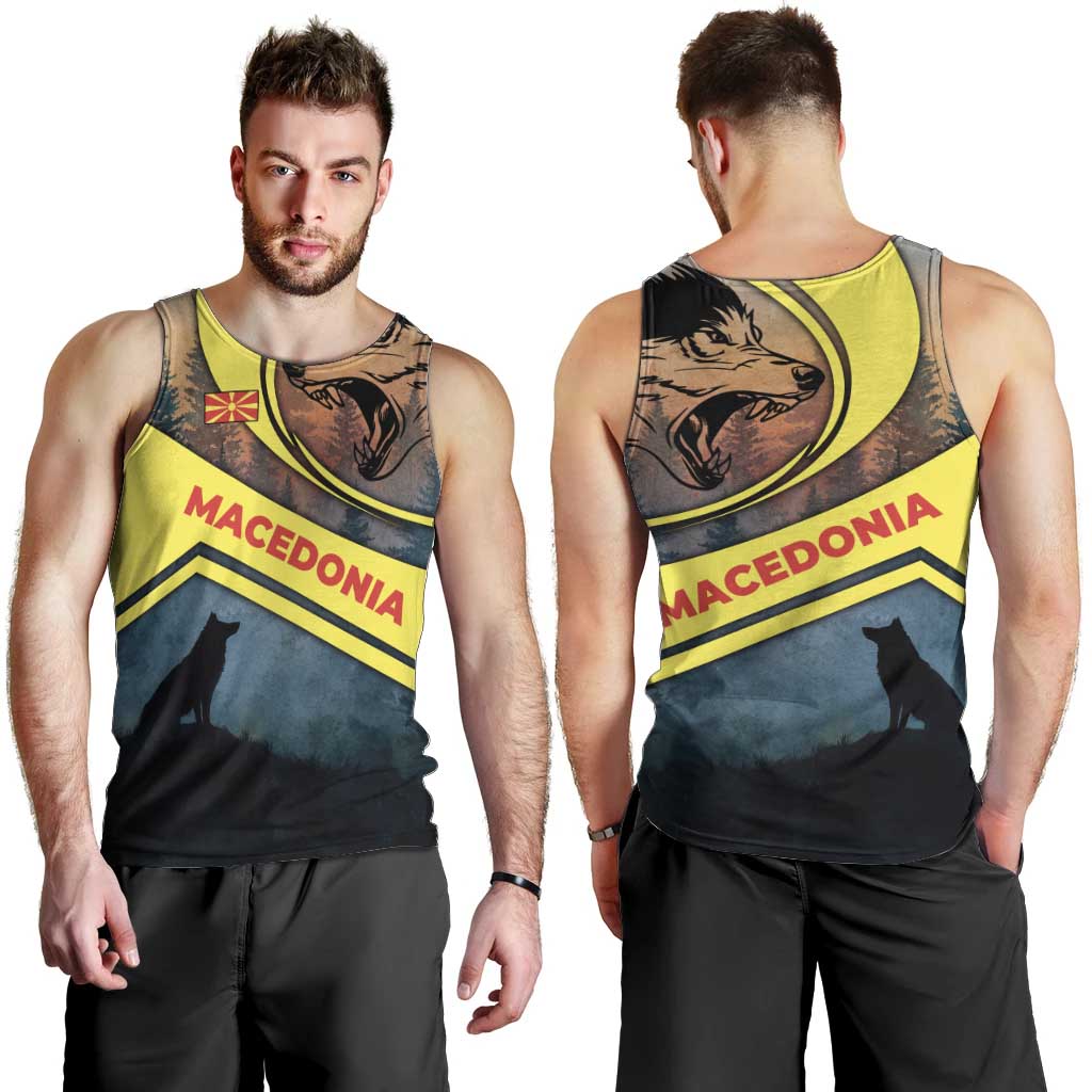 Macedonia Men Tank Top with Forest Wolf and Sunset Silhouette Design - Wonder Print Shop