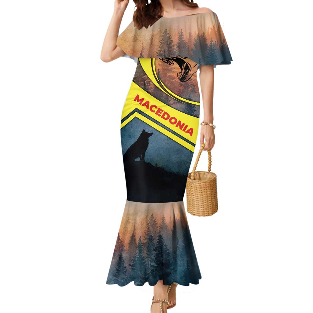 Macedonia Mermaid Dress with Forest Wolf and Sunset Silhouette Design - Wonder Print Shop