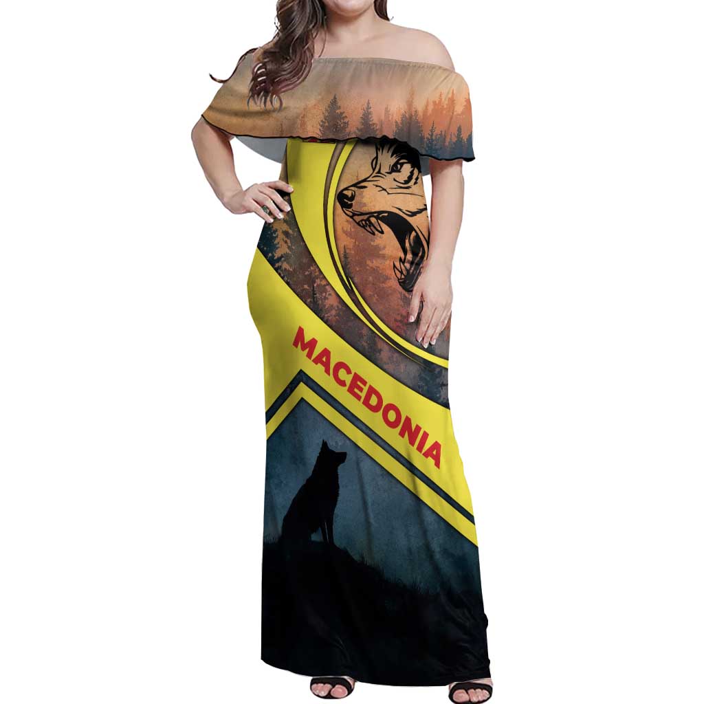 Macedonia Off Shoulder Maxi Dress with Forest Wolf and Sunset Silhouette Design - Wonder Print Shop