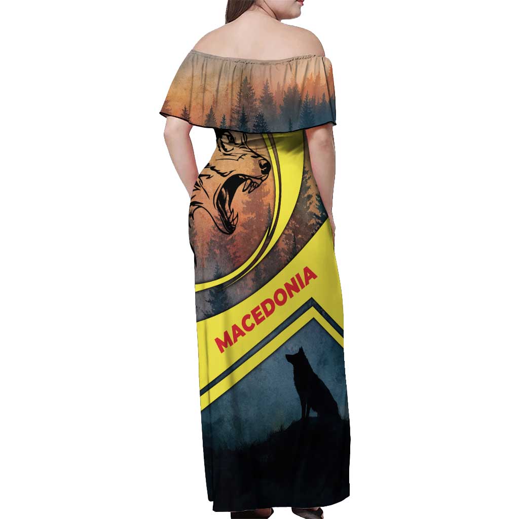 Macedonia Off Shoulder Maxi Dress with Forest Wolf and Sunset Silhouette Design - Wonder Print Shop