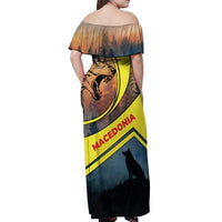 Macedonia Off Shoulder Maxi Dress with Forest Wolf and Sunset Silhouette Design - Wonder Print Shop