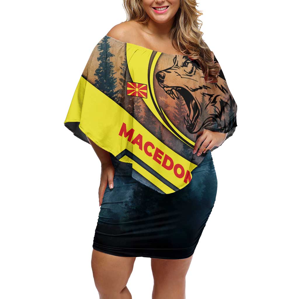Macedonia Off Shoulder Short Dress with Forest Wolf and Sunset Silhouette Design - Wonder Print Shop