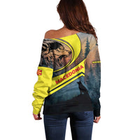 Macedonia Off Shoulder Sweater with Forest Wolf and Sunset Silhouette Design - Wonder Print Shop