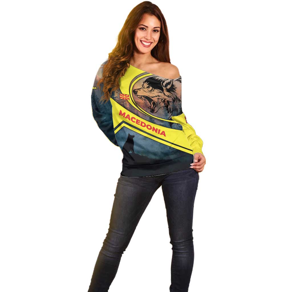 Macedonia Off Shoulder Sweater with Forest Wolf and Sunset Silhouette Design - Wonder Print Shop