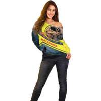 Macedonia Off Shoulder Sweater with Forest Wolf and Sunset Silhouette Design - Wonder Print Shop