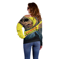 Macedonia Off Shoulder Sweater with Forest Wolf and Sunset Silhouette Design - Wonder Print Shop
