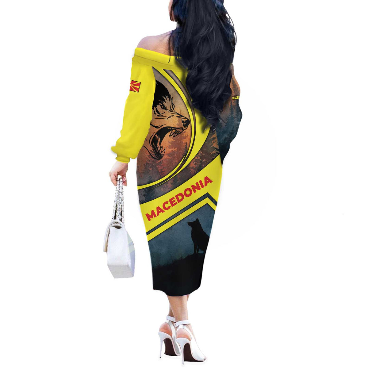 Macedonia Off The Shoulder Long Sleeve Dress with Forest Wolf and Sunset Silhouette Design - Wonder Print Shop