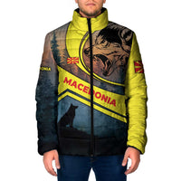 Macedonia Padded Jacket with Forest Wolf and Sunset Silhouette Design - Wonder Print Shop