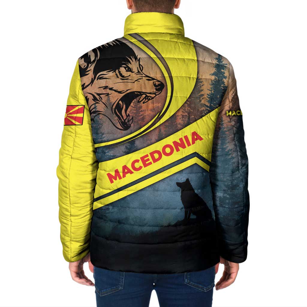 Macedonia Padded Jacket with Forest Wolf and Sunset Silhouette Design - Wonder Print Shop