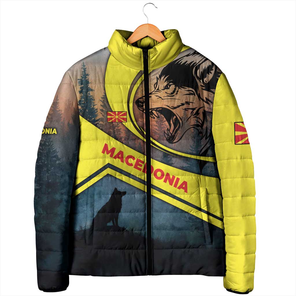 Macedonia Padded Jacket with Forest Wolf and Sunset Silhouette Design - Wonder Print Shop