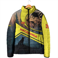 Macedonia Padded Jacket with Forest Wolf and Sunset Silhouette Design - Wonder Print Shop