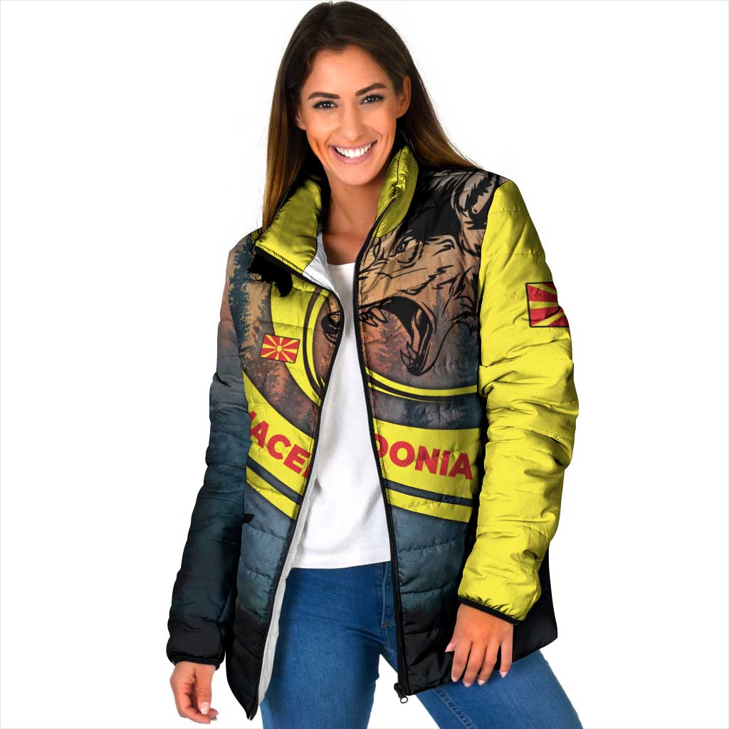 Macedonia Padded Jacket with Forest Wolf and Sunset Silhouette Design - Wonder Print Shop