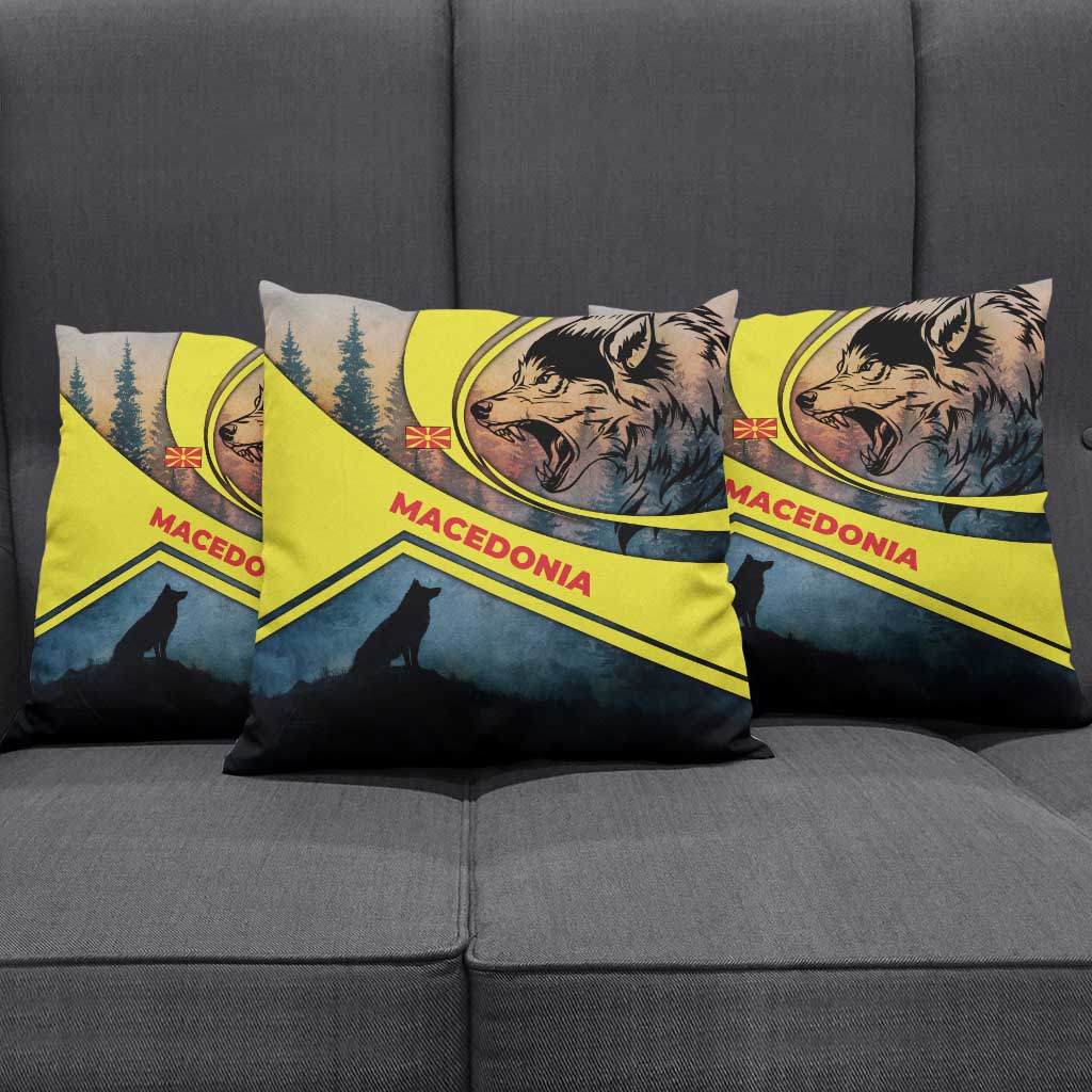 Macedonia Pillow Cover with Forest Wolf and Sunset Silhouette Design - Wonder Print Shop