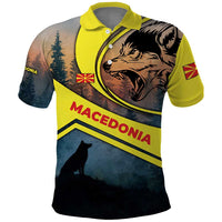 Macedonia Polo Shirt with Forest Wolf and Sunset Silhouette Design - Wonder Print Shop