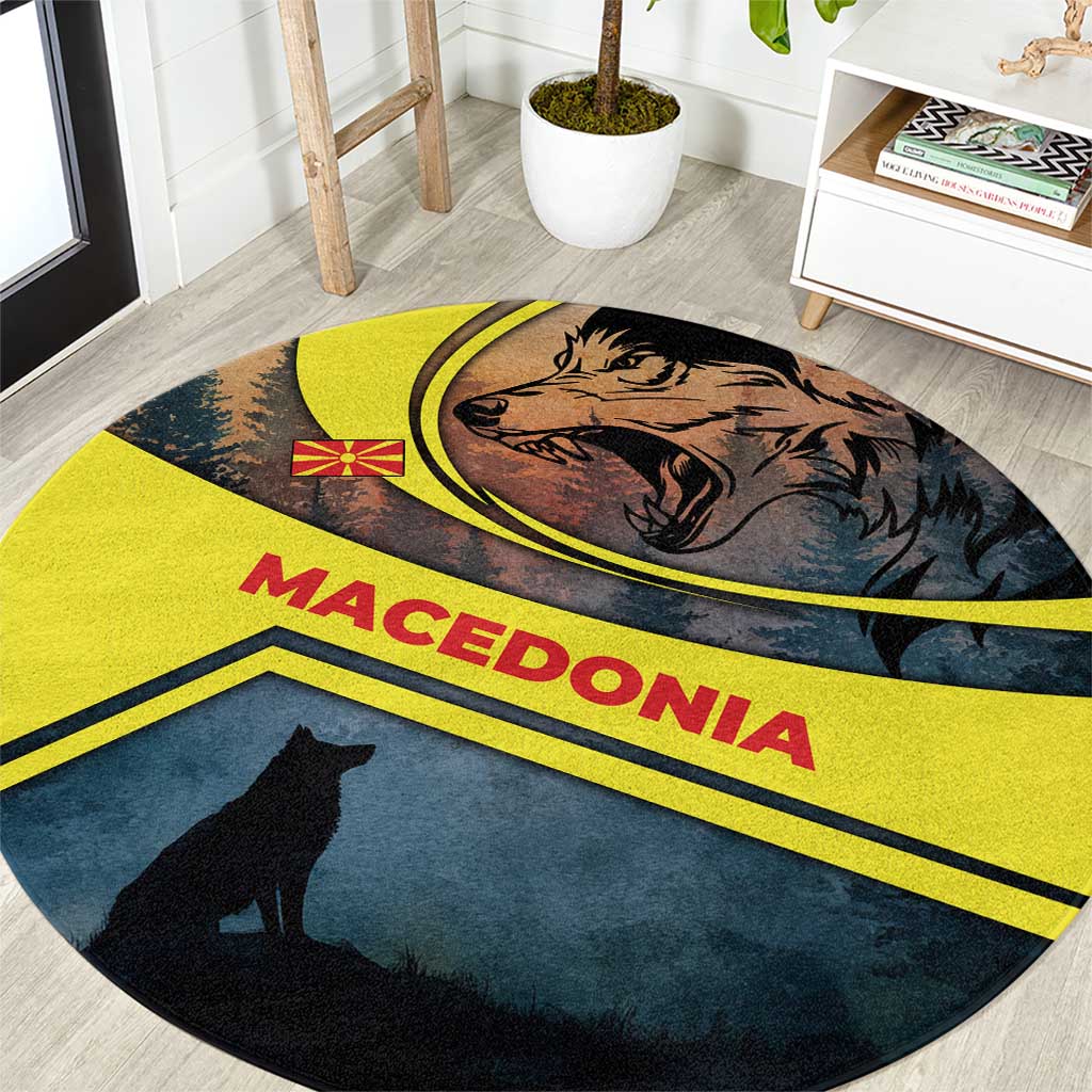 Macedonia Round Carpet with Forest Wolf and Sunset Silhouette Design - Wonder Print Shop