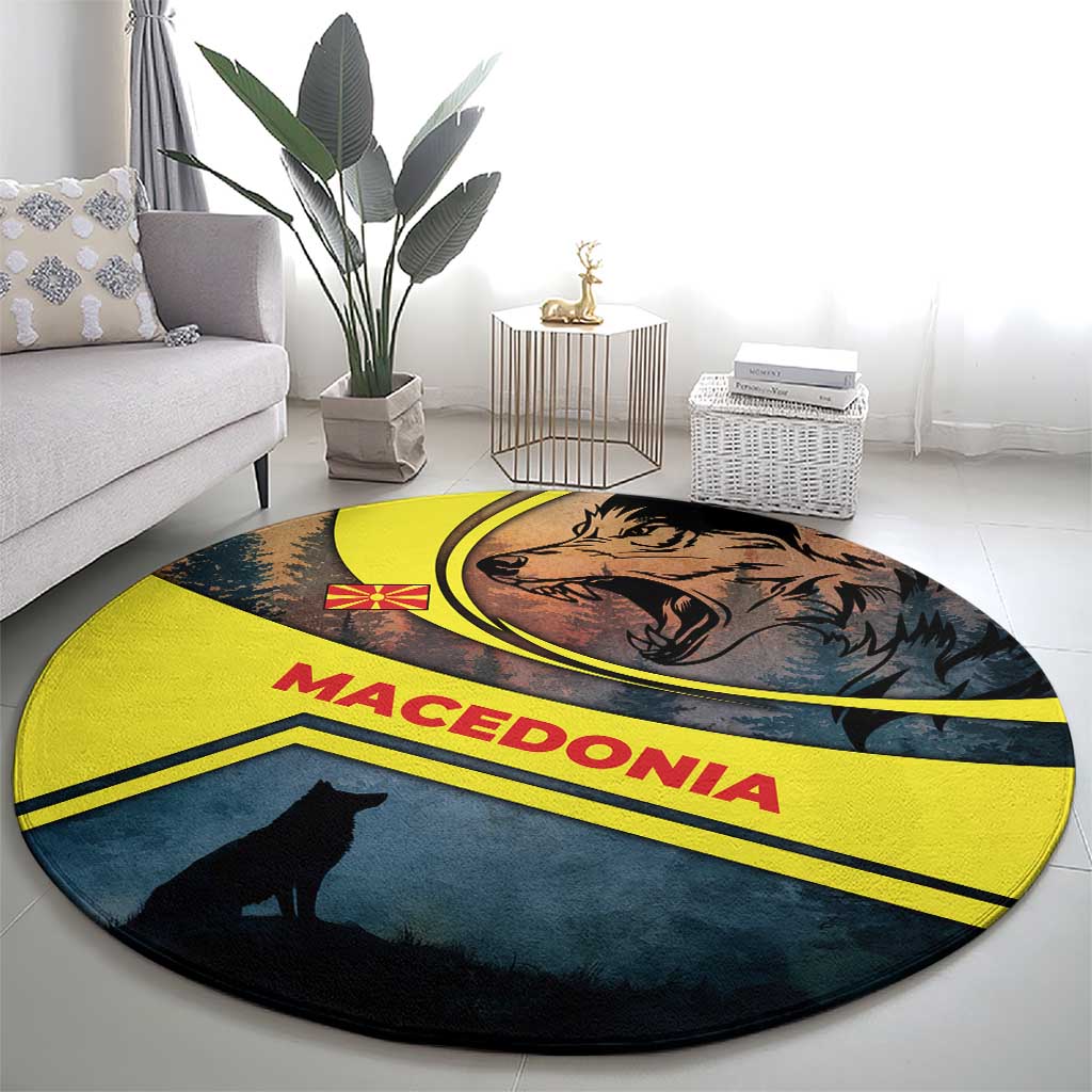 Macedonia Round Carpet with Forest Wolf and Sunset Silhouette Design - Wonder Print Shop