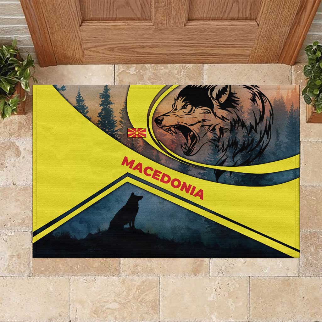 Macedonia Rubber Doormat with Forest Wolf and Sunset Silhouette Design - Wonder Print Shop