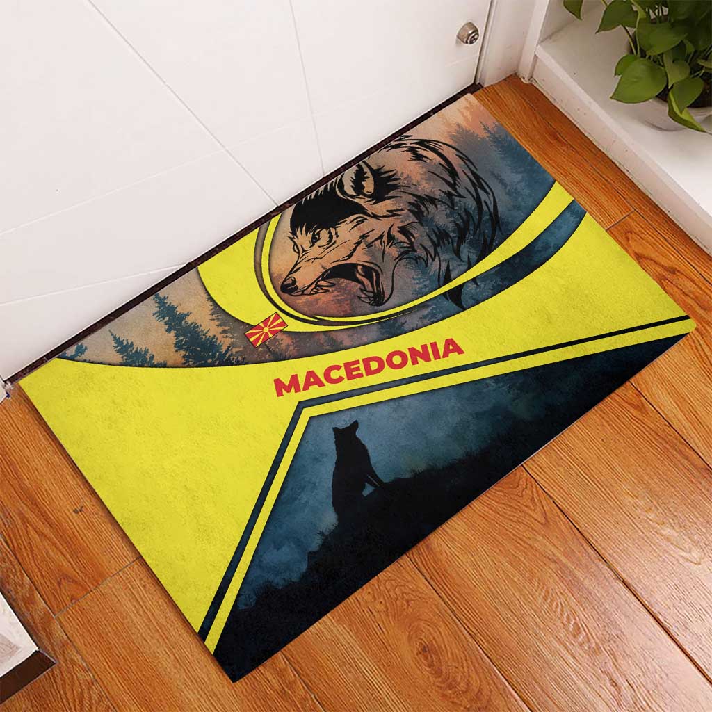 Macedonia Rubber Doormat with Forest Wolf and Sunset Silhouette Design - Wonder Print Shop
