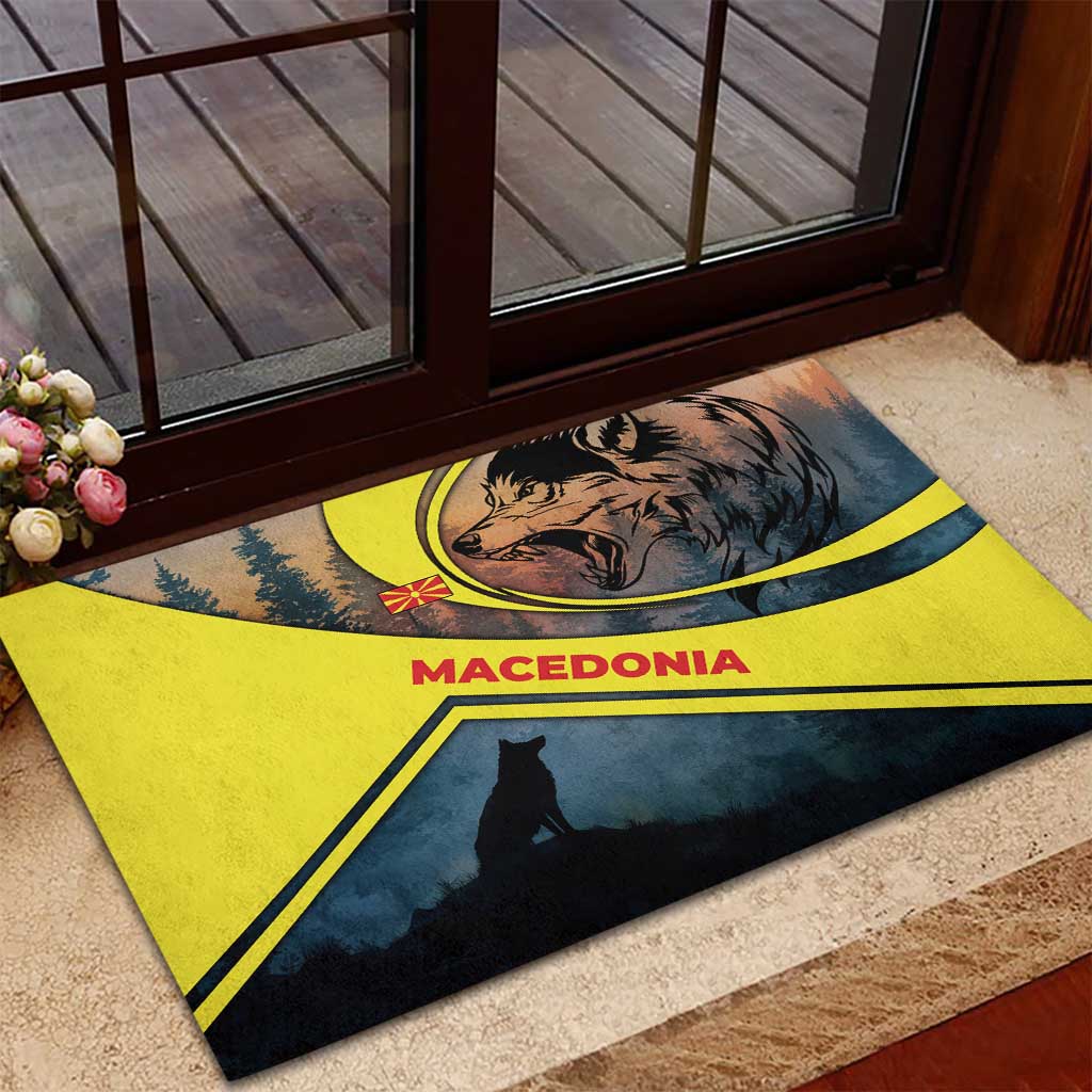 Macedonia Rubber Doormat with Forest Wolf and Sunset Silhouette Design - Wonder Print Shop