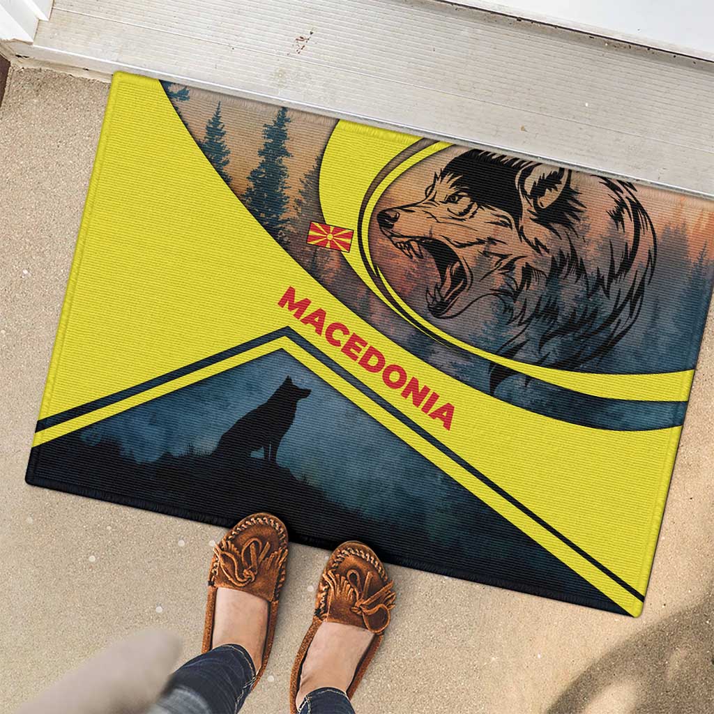 Macedonia Rubber Doormat with Forest Wolf and Sunset Silhouette Design - Wonder Print Shop