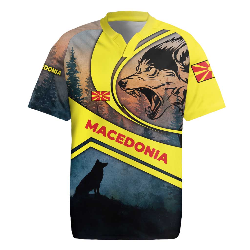 Macedonia Rugby Jersey with Forest Wolf and Sunset Silhouette Design - Wonder Print Shop