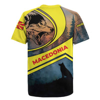 Macedonia Rugby Jersey with Forest Wolf and Sunset Silhouette Design - Wonder Print Shop