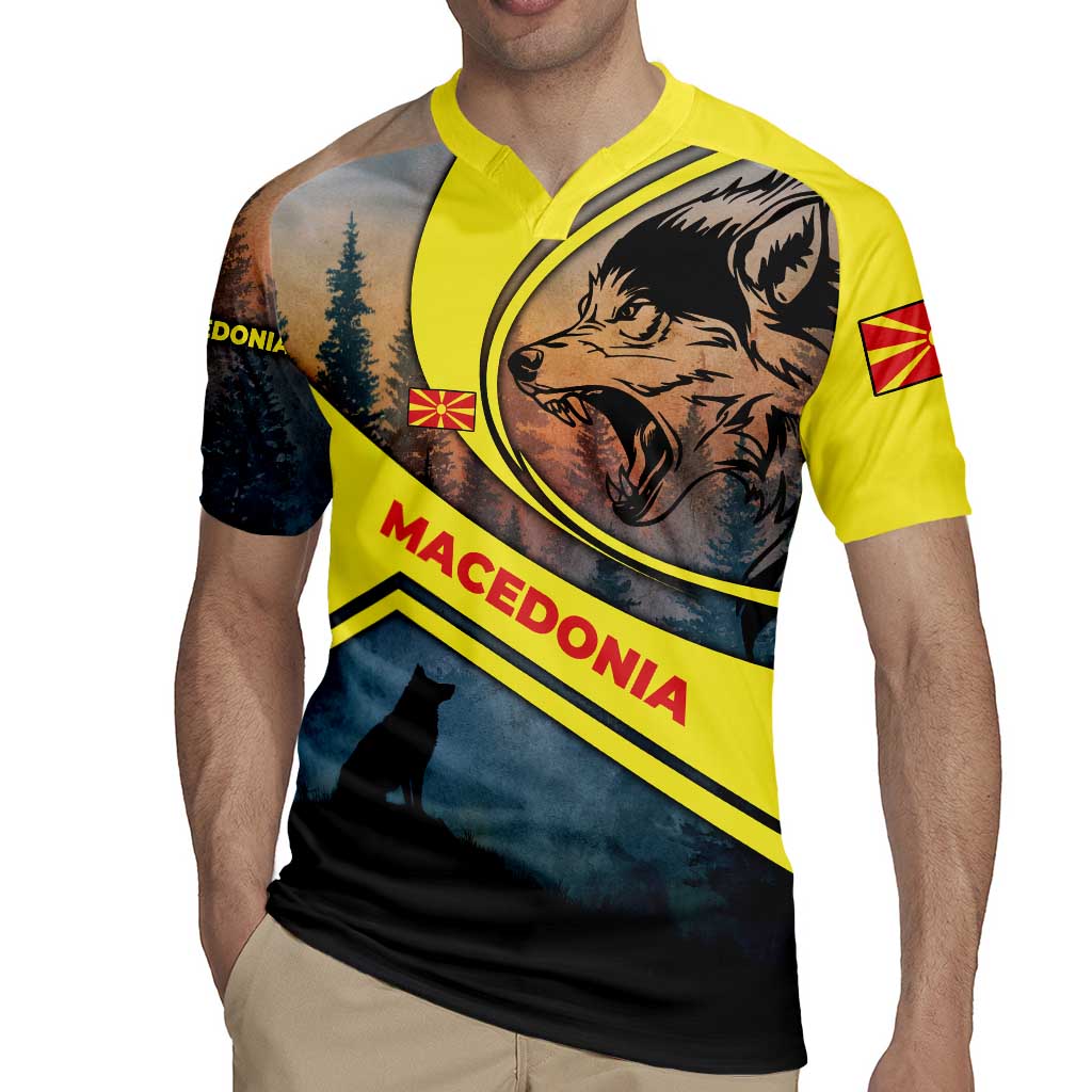 Macedonia Rugby Jersey with Forest Wolf and Sunset Silhouette Design - Wonder Print Shop