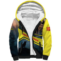 Macedonia Sherpa Hoodie with Forest Wolf and Sunset Silhouette Design - Wonder Print Shop