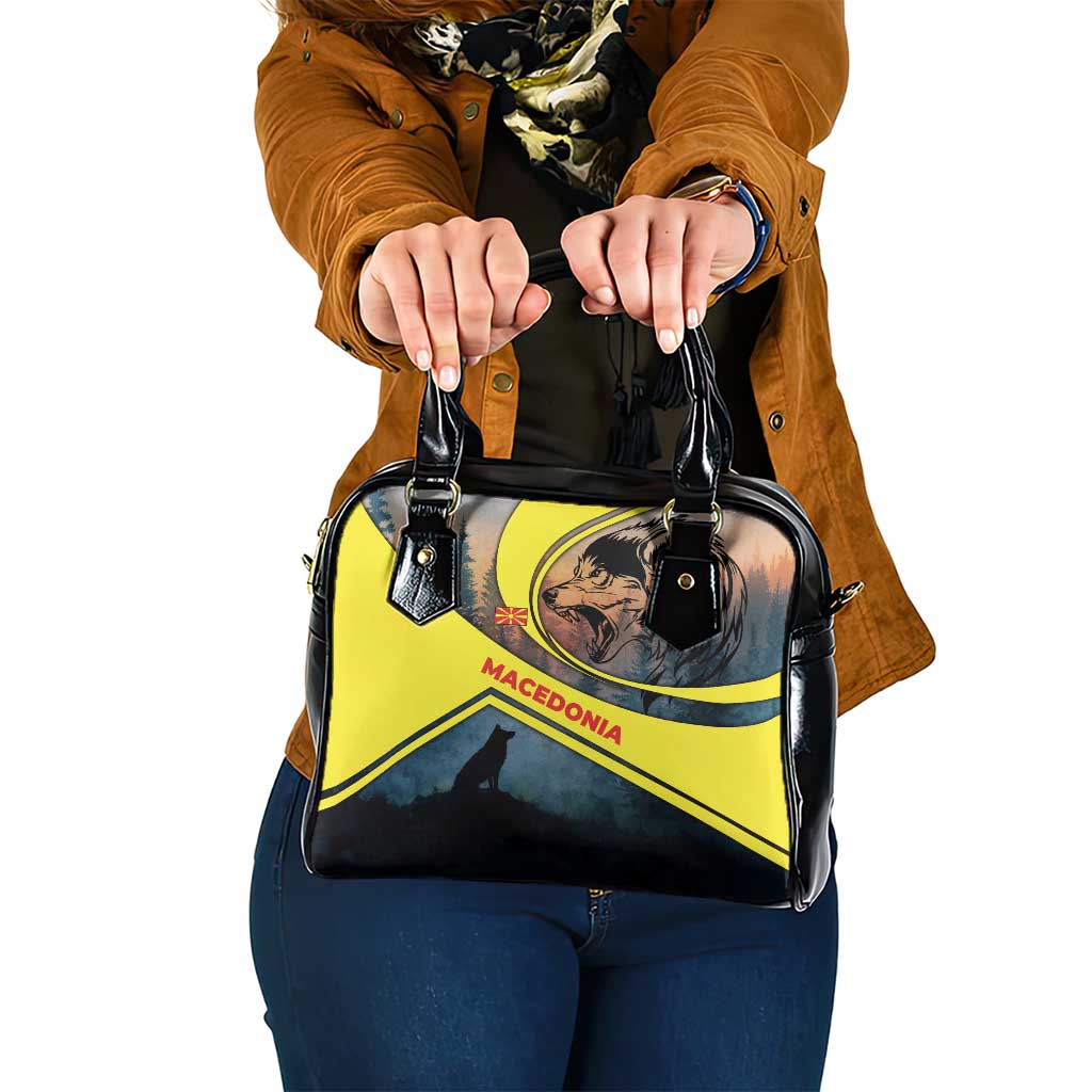 Macedonia Shoulder Handbag with Forest Wolf and Sunset Silhouette Design - Wonder Print Shop