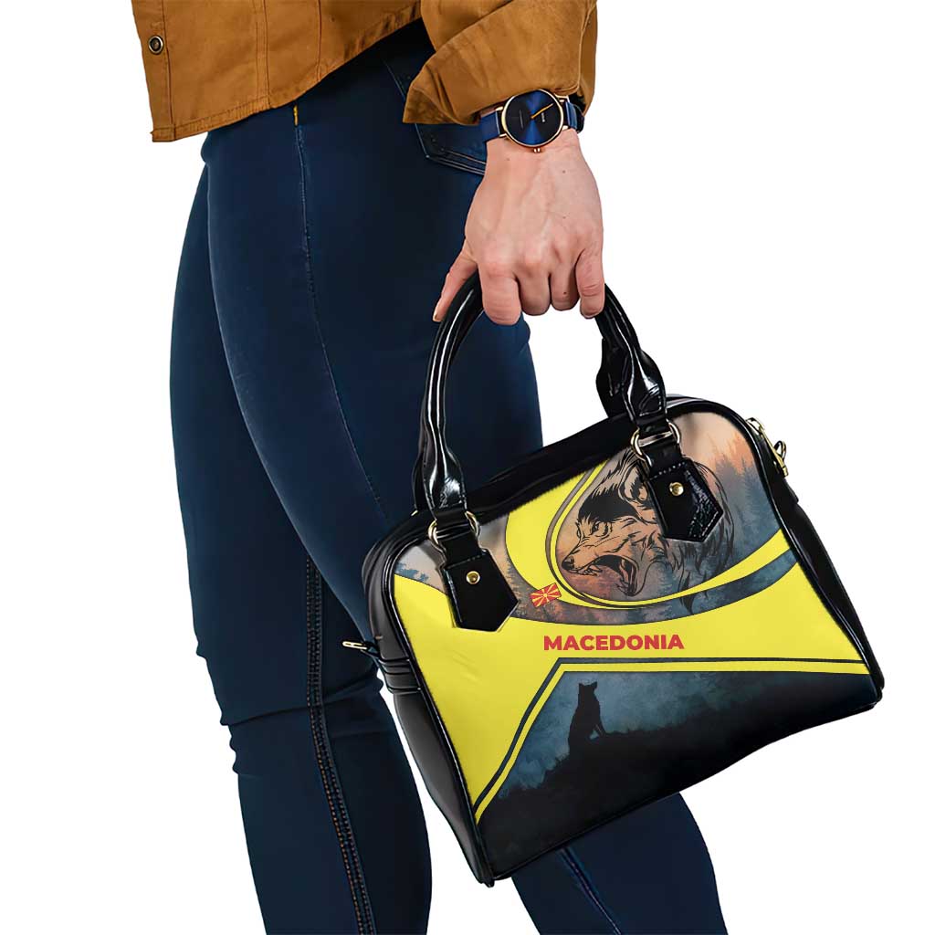 Macedonia Shoulder Handbag with Forest Wolf and Sunset Silhouette Design - Wonder Print Shop