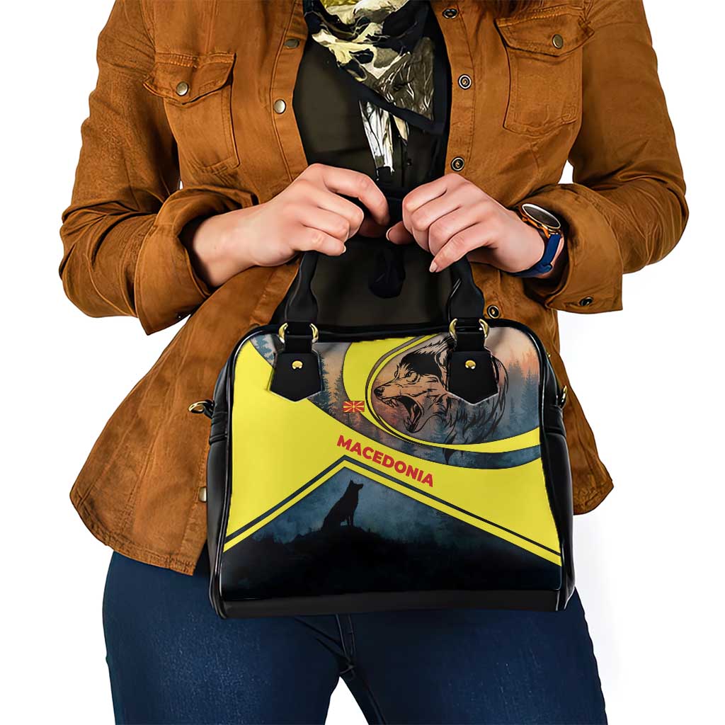 Macedonia Shoulder Handbag with Forest Wolf and Sunset Silhouette Design - Wonder Print Shop