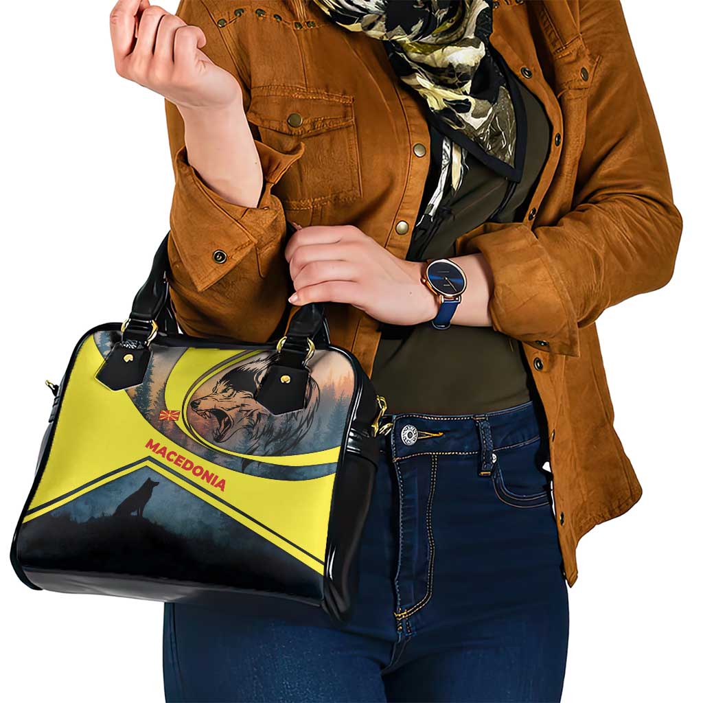 Macedonia Shoulder Handbag with Forest Wolf and Sunset Silhouette Design - Wonder Print Shop