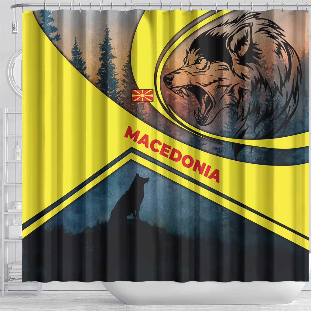Macedonia Shower Curtain with Forest Wolf and Sunset Silhouette Design - Wonder Print Shop