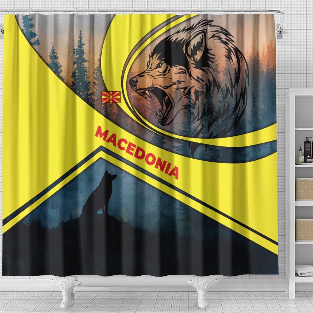 Macedonia Shower Curtain with Forest Wolf and Sunset Silhouette Design - Wonder Print Shop