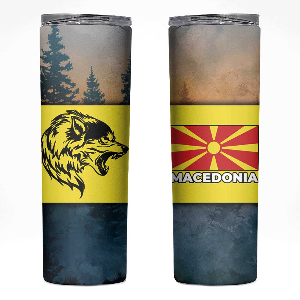 Macedonia Skinny Tumbler with Forest Wolf and Sunset Silhouette Design - Wonder Print Shop
