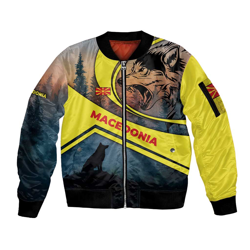 Macedonia Sleeve Zip Bomber Jacket with Forest Wolf and Sunset Silhouette Design - Wonder Print Shop
