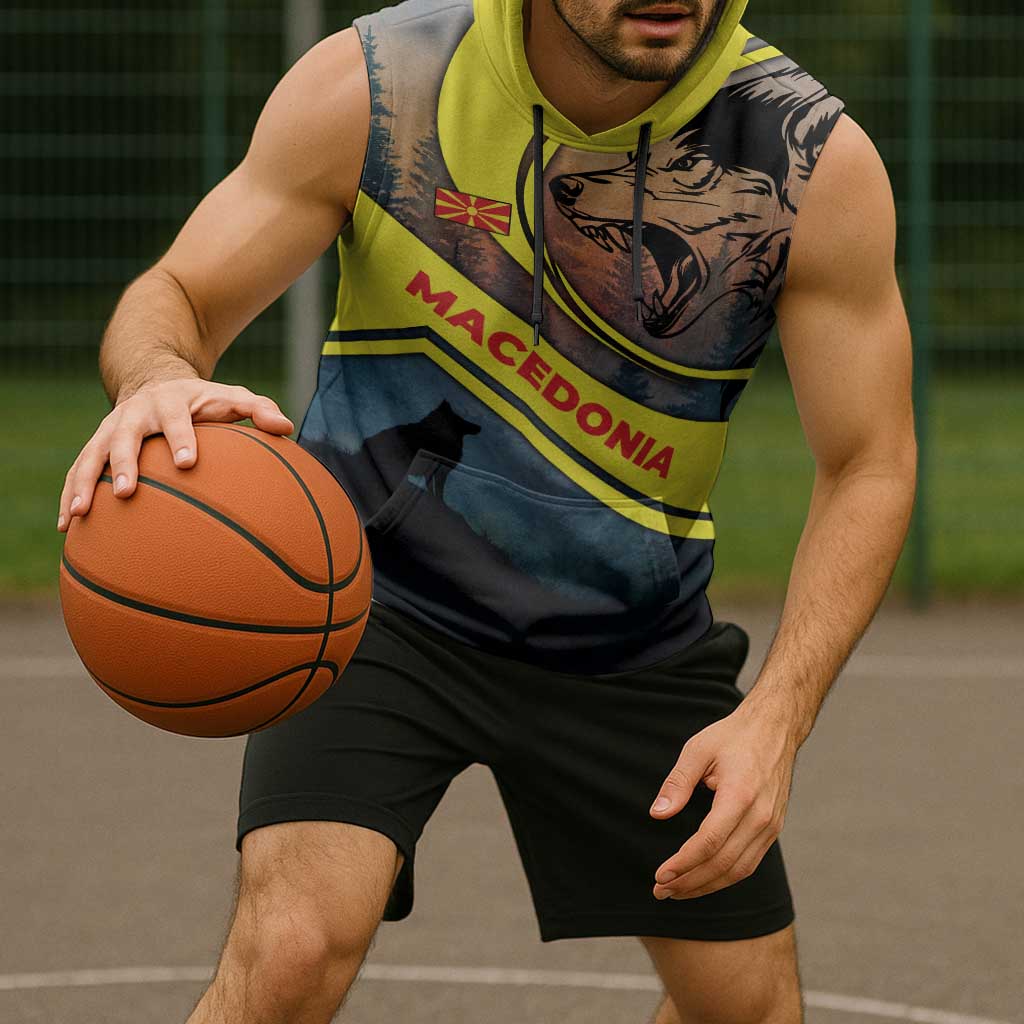 Macedonia Sleeveless Hoodie with Forest Wolf and Sunset Silhouette Design - Wonder Print Shop