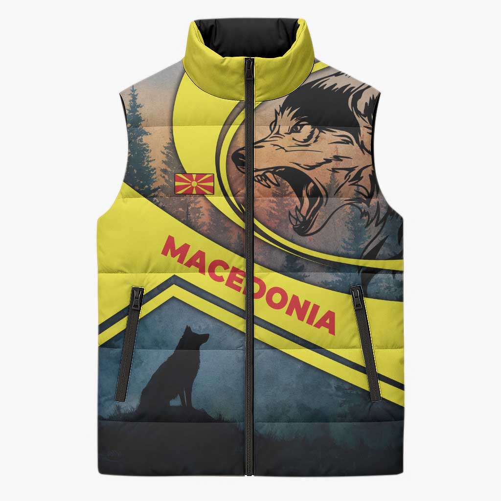 Macedonia Sleeveless Puffer Jacket with Forest Wolf and Sunset Silhouette Design - Wonder Print Shop