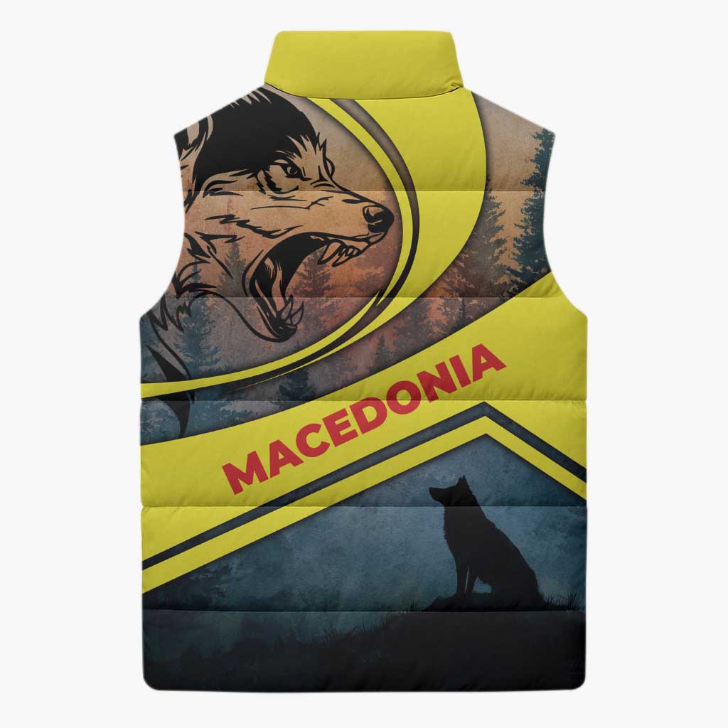 Macedonia Sleeveless Puffer Jacket with Forest Wolf and Sunset Silhouette Design - Wonder Print Shop