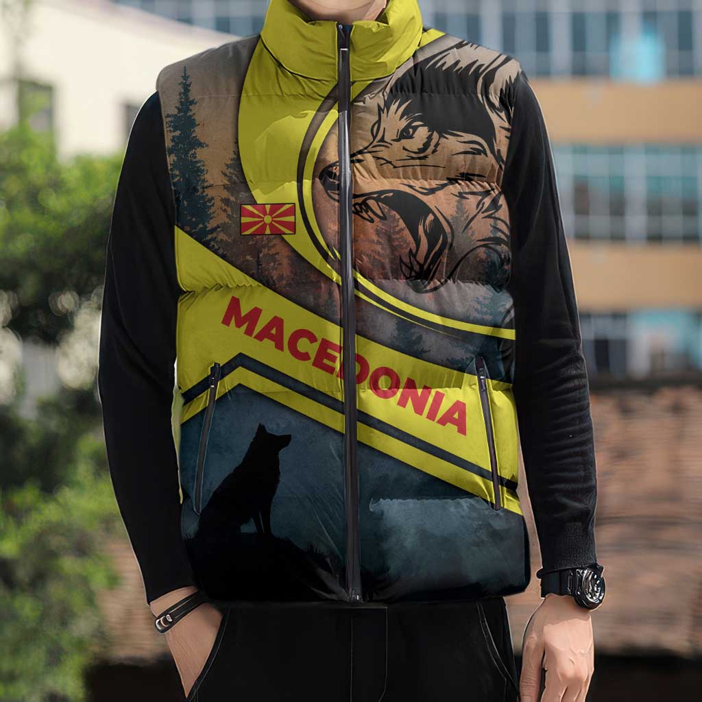 Macedonia Sleeveless Puffer Jacket with Forest Wolf and Sunset Silhouette Design - Wonder Print Shop